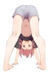  1girl all_fours breasts character_request copyright_request forehead highres medium_hair navel open_mouth pink_eyes red_hair shirt shorts shuiro_(frog-16) simple_background smile solo teeth upper_teeth_only upside-down white_background 