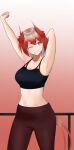  1girl ;) absurdres arknights armpits arms_up bare_arms bare_shoulders black_pants breasts commentary_request cowboy_shot crop_top fiammetta_(arknights) gradient_background highres kang_hakeem large_breasts leggings looking_at_viewer midriff navel one_eye_closed pants pointy_hair red_background red_eyes red_hair short_hair smile solo sports_bra standing stomach thighs 