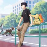  1boy 1girl absurdres against_railing black_eyes black_hair black_shirt brown_pants building bush character_print city crosswalk cup cyndaquil disposable_cup drink drinking_straw glasses highres houndoom merchandise morikura_en official_art on_railing outdoors pants people pokemon pokemon_(creature) polo_shirt railing shirt short_hair short_sleeves sitting_on_railing tree wavy_hair 