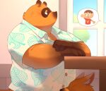  2023 animal_crossing anthro belly big_belly blush bodily_fluids canid canine clothing crazy_redd fox human kemono male mammal nintendo o-ro overweight overweight_male raccoon_dog shirt sweat tanuki tom_nook_(animal_crossing) topwear villager_(animal_crossing) 