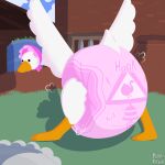  ambiguous_gender anatid anseriform anserinae avian big_diaper bird bonnet burritokitten clothed clothing diaper goose goose_(untitled_goose_game) headgear headwear hi_res looking_at_viewer looking_back pink_diaper poofy_diaper untitled_goose_game wearing_diaper white_body wings 