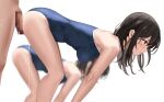  1boy 2girls bare_arms bare_legs bent_over blue_one-piece_swimsuit blurry blurry_background blush breasts brown_eyes brown_hair censored closed_mouth covered_nipples cum cum_string eto_(ikumika) highres long_hair medium_breasts mosaic_censoring multiple_girls one-piece_swimsuit penis profile school_swimsuit shiny_skin shoulder_blades solo_focus straight_hair swimsuit white_background 