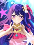  1girl artist_name bad_hands commentary dress english_commentary floating_hair hair_between_eyes hair_ornament heart heart_hands highres hoshino_ai_(oshi_no_ko) idol idol_clothes long_hair looking_at_viewer open_mouth oshi_no_ko parted_bangs pink_dress pink_ribbon purple_eyes purple_hair rabbit_hair_ornament ribbon sidelocks smile solo star-shaped_pupils star_(symbol) star_hair_ornament star_in_eye symbol-shaped_pupils symbol_in_eye tiribrush turtleneck_dress watermark 