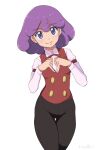  1girl bow bowtie burgundy_(pokemon) heart heart_hands kijouyu long_sleeves looking_at_viewer pants pokemon pokemon_(anime) pokemon_bw_(anime) purple_eyes purple_hair red_vest short_hair simple_background smile standing traditional_bowtie vest 