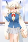  1girl :d absurdres animal_ear_fluff animal_ears bangs blazer blue_jacket blue_sky blush bow breasts brown_eyes brown_shirt cloud collared_shirt commentary_request day dress_shirt feet_out_of_frame grey_skirt hair_over_one_eye hand_up highres horns indoors jacket kemono_friends long_hair long_sleeves looking_at_viewer low_twintails medium_breasts ox_ears ox_girl ox_horns pleated_skirt red_bow school_uniform shin01571 shirt skirt sky smile solo twintails very_long_hair white_hair window yak_(kemono_friends) 