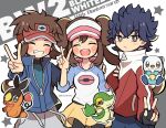  1girl 2boys :3 :d ^_^ anniversary black_gloves blue_hair blue_jacket brown_eyes brown_hair closed_eyes colored_skin commentary_request curled_tail double_bun doughnut_hair_bun fingerless_gloves freckles gloves green_skin grey_shorts hair_bun highres hugh_(pokemon) jacket kokashiho medium_hair multiple_boys nate_(pokemon) open_mouth orange_skin oshawott pig pokemon pokemon_(creature) pokemon_(game) pokemon_bw2 rosa_(pokemon) shell short_hair shorts smile snivy solid_oval_eyes star_(symbol) tail teeth tepig upper_teeth_only v visor_cap 