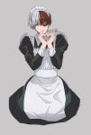  1boy alternate_costume apron artist_name boku_no_hero_academia burn_scar commentary cropped_legs crossdressing dark_red_hair dress enmaided frilled_apron frills green_eyes grey_background grey_eyes grey_hair hair_between_eyes heart heart_hands heterochromia highres juliet_sleeves long_sleeves looking_at_viewer maid maid_apron maid_headdress male_focus male_maid multicolored_hair parted_lips puffy_sleeves sanpaku sasaki_kura scar scar_on_hand short_hair signature simple_background sleeve_cuffs solo split-color_hair straight-on todoroki_shouto two-tone_dress two-tone_hair white_apron white_dress 
