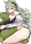  1girl ahoge ahomushi994 animal_bag black_bra black_panties blush bra braid breasts girls&#039;_frontline green_hair hair_between_eyes large_breasts long_hair ltlx_7000_(girls&#039;_frontline) mole mole_on_breast mole_on_neck open_clothes open_shirt orange_eyes panties shirt solo underwear white_background white_shirt 