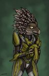  2023 3_fingers alien ambiguous_gender anthro armor avian beak brown_body brown_feather_hair brown_feathers claws colored cor_zan cuirass cuisse fangs feather_hair feathered_crest feathers female_(lore) finger_claws fingers green_armor grey_body grey_skin halo_(series) head_crest headgear helmet hi_res holding_armor holding_headgear holding_helmet holding_object kig-yar looking_at_viewer microsoft open_mouth pseudo_hair pupils scalie shaded simple_background simple_shading slit_pupils solo spaulder t&#039;vaoan teeth todd_husky vambrace xbox_game_studios yellow_eyes 