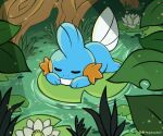  artist_name artsyaxolotl flower leaf lily_pad lotus mudkip pokemon pokemon_(creature) sleeping water watermark white_flower 
