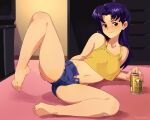 1girl bare_shoulders barefoot beer_can blush breasts brown_eyes can closed_mouth collarbone crop_top earrings full_body indoors jewelry katsuragi_misato leg_up long_hair looking_at_viewer lying medium_breasts navel neon_genesis_evangelion on_floor on_side open_fly purple_hair short_shorts shorts sleeveless smile solo spread_legs squeezable_(artist) stud_earrings television unbuttoned 