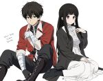  1boy 1girl alternate_costume bandaged_arm bandages black_hair black_robe blush chitanda_eru cosplay dress fern_(sousou_no_frieren) fern_(sousou_no_frieren)_(cosplay) half_updo hyouka jacket korean_text mery_(yangmalgage) oreki_houtarou purple_eyes red_jacket robe simple_background sitting sousou_no_frieren stark_(sousou_no_frieren) stark_(sousou_no_frieren)_(cosplay) white_background white_dress 