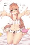  1girl absurdres arms_up bare_shoulders bow bra breasts doki_doki_literature_club english_text green_eyes highres long_hair monika_(doki_doki_literature_club) navel on_bed open_mouth patreon_logo patreon_username raion_(raionart) underwear white_background white_bow 