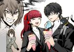  1girl 2boys akechi_gorou amamiya_ren bag black_cat black_eyes black_hair black_jacket blue_eyes brown_eyes brown_hair cat clenched_teeth closed_eyes crepe food food_on_face glasses highres holding holding_food igusaharu jacket jealous long_hair morgana_(persona_5) multiple_boys multiple_views open_mouth persona persona_5 persona_5_the_royal ponytail red_hair school_uniform shuujin_academy_school_uniform simple_background teeth yoshizawa_kasumi 