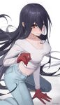  1girl absurdly_long_hair arm_support black_hair blue_pants breasts chilakkk cleavage closed_mouth commentary crop_top crying crying_with_eyes_open denim eyes_visible_through_hair floating_hair gloves hair_between_eyes hand_on_floor highres izumo_fuuko jeans kneeling large_breasts long_hair long_sleeves looking_at_viewer midriff pants red_eyes red_gloves shadow shirt simple_background solo tears twitter_username undead_unluck very_long_hair wavy_mouth white_background white_shirt 