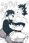 2boys bara bare_pectorals blush dougi dragon_ball dragon_ball_super father_and_son glasses greyscale highres incest large_pectorals male_focus monochrome multiple_boys muscular muscular_male nano8 nipples open_mouth pants pectorals saliva shirt short_hair son_gohan son_goku spiked_hair sucking_male_nipple translation_request yaoi 