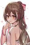  1girl bare_shoulders blush brown_eyes brown_hair closed_mouth finger_to_mouth flower hair_ribbon highres holocouncil hololive hololive_english kobutanori long_hair looking_at_viewer multicolored_hair nail_polish nanashi_mumei pink_nails pink_ribbon ponytail ribbon simple_background smile solo streaked_hair upper_body very_long_hair virtual_youtuber white_background 