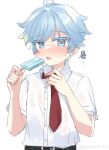  1boy adjusting_clothes adjusting_necktie ahoge artist_name belt blue_eyes blue_hair blush child chongyun_(genshin_impact) cowboy_shot food genshin_impact holding hot light_blue_hair male_child male_focus melting necktie open_mouth popsicle red_necktie see-through shiromaru_tm shirt short_hair simple_background solo sweat wet wet_clothes wet_shirt white_background 