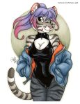  2023 anthro breasts cleavage cleavage_cutout clothed clothing english_text felid female fur green_eyes grey_body grey_fur hair jacket looking_at_viewer mammal michele_light multicolored_hair pantherine pink_hair purple_hair smile solo text tiger topwear two_tone_hair vinyl_clothing 
