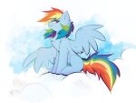  2023 blue_body blue_feathers blue_fur chest_tuft cloud digital_media_(artwork) equid equine feathered_wings feathers female feral friendship_is_magic fur hair hasbro kejifox mammal multicolored_hair multicolored_tail my_little_pony pegasus pink_eyes rainbow_dash_(mlp) rainbow_hair rainbow_tail sitting smile spread_wings tail tuft wings 