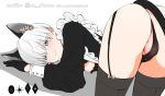  1boy 9s_(nier:automata) alternate_costume animal_ears apron aqua_eyes artist_name ass black_gloves black_panties black_thighhighs bulge cat_ears cat_tail commentary crossdressing feet_out_of_frame flower frilled_apron frilled_sleeves frills gloves grey_hair hair_between_eyes hair_flower hair_ornament long_sleeves looking_at_viewer lying maid_apron male_focus nagano_rira nier:automata nier_(series) no_blindfold on_stomach otoko_no_ko panties puffy_long_sleeves puffy_nipples puffy_sleeves short_hair symbol-only_commentary tail testicles thighhighs top-down_bottom-up twitter_username underwear 