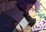  1boy bags_under_eyes boku_no_hero_academia dated from_side graffiti industrial_pipe looking_ahead male_focus mask outdoors parted_lips profile purple_eyes purple_hair rnuyvm scarf shinsou_hitoshi short_hair sidelighting solo spiked_hair u.a._gym_uniform urban white_scarf 