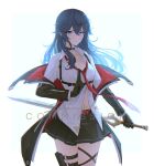  1girl black_choker black_skirt blue_eyes blue_hair breasts choker commission cosplay counter:side cowboy_shot falchion_(fire_emblem) fire_emblem fire_emblem_awakening hair_between_eyes highres holding holding_sword holding_weapon jacket joo_shiyoung joo_shiyoung_(cosplay) kobayashi_yuu long_hair looking_at_viewer lucina_(fire_emblem) navel open_clothes open_jacket shirt skirt small_breasts solo sword sword_behind_back symbol_in_eye thigh_strap velephyr voice_actor_connection weapon white_background white_shirt 