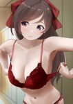  1girl absurdres alternate_costume blush bow bra breasts brown_hair cleavage closed_mouth commentary_request highres kantai_collection large_breasts locker locker_room long_hair mamiya_(kancolle) navel panties purple_eyes red_bow red_bra red_panties removing_bra solo tama_(tamago) underwear underwear_only undressing 