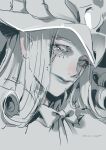  1boy absurdres bow bowtie clown curly_hair demon_boy fate/grand_order fate_(series) hat headpiece highres long_hair looking_at_viewer loveyama makeup male_focus mephistopheles_(fate) monochrome smile solo teardrop upper_body 