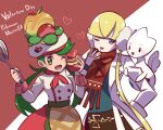  2girls ;d appletun apron blonde_hair buttons coat commentary_request earmuffs elesa_(palentine&#039;s_2023)_(pokemon) elesa_(pokemon) green_eyes green_hair hand_up hat heart highres holding holding_whisk long_hair long_sleeves mallow_(palentine&#039;s_2023)_(pokemon) mallow_(pokemon) multiple_girls official_alternate_costume on_head one_eye_closed open_clothes open_coat open_mouth pokemon pokemon_(creature) pokemon_(game) pokemon_masters_ex pokemon_on_head saon101 scarf shirt skirt smile togetic twintails valentine waist_apron whisk white_coat white_headwear white_shirt 