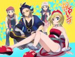  2boys 2girls adaman_(pokemon) anklet aqua_sash arm_support arm_wrap backpack bag baggy_pants beanie beret black_hair black_shirt black_socks black_vest blonde_hair blue_background blue_coat blue_eyes blue_hair blue_pants bracelet coat commentary_request dawn_(pokemon) eyebrow_cut grey_eyes hair_ornament hairband hand_on_floor hat highres irida_(pokemon) jewelry kneehighs long_hair lucas_(pokemon) mitsuha_(bless_blessing) multicolored_hair multiple_boys multiple_girls neck_ring on_floor orange_eyes pants pink_skirt poke_ball_print pokemon pokemon_(game) pokemon_dppt pokemon_legends:_arceus pokemon_masters_ex red_footwear red_hairband red_headwear red_scarf red_shirt sash scarf shirt short_hair shorts sitting skirt sleeveless sleeveless_shirt smile socks squatting standing star_(symbol) starry_background strapless strapless_shirt translation_request vest waist_cape white_headwear white_shirt white_shorts yellow_background 