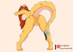  absurd_res anthro areola big_breasts bluepanda115 breasts claws dragon female genitals hair hi_res horn looking_back nipples nude pussy rear_view red_hair reptile scales scalie simple_background solo tail thick_thighs yellow_body yellow_scales 