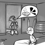  anthro bed bodily_fluids canid canine controller crying dialogue disney female food fox furniture grilled_cheese hi_res judy_hopps lagomorph leporid male mammal necktie nick_wilde rabbit sandwich_(food) smug tangerine_(artist) tears text zootopia 