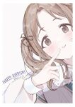  1girl :i absurdres birthday blush collar dated fingers_to_cheeks forehead frilled_collar frills hair_ribbon happy_birthday head_tilt highres ichikawa_hinana idolmaster idolmaster_shiny_colors karya light_brown_hair long_sleeves looking_at_viewer parted_bangs ribbon simple_background solo upper_body white_background 