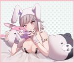  1girl animal_hood armlet bare_shoulders blush breasts brown_hair character_pillow cleavage danganronpa_(series) danganronpa_2:_goodbye_despair galaga hair_ornament handheld_game_console holding holding_handheld_game_console hood hood_up large_breasts leotard medium_hair mole mole_on_breast monokuma monomi_(danganronpa) nanami_chiaki o15546451 official_alternate_costume pink_eyes playboy_bunny rabbit_hood smile solo 