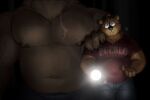  2023 anthro arches_(game) barazoku bear brian_dubois brown_body brown_fur chest_scar clothed clothing dark devon_ortega echo_(series) echo_project faceless_character faceless_male flashlight fur hi_res huge_pecs huzzhuz larger_male male mammal musclegut muscular muscular_anthro muscular_male nipples red_eyes scar shoulder_grab size_difference smaller_male solo topless visual_novel wide_eyed 