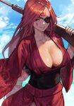  1girl amputee baiken breasts cleavage cloud eyepatch facial_mark facial_tattoo floral_print_kimono forehead_tattoo guilty_gear guilty_gear_strive gun holding holding_gun holding_weapon hungry_clicker japanese_clothes kimono large_breasts long_hair long_sleeves looking_at_viewer one-eyed outdoors parted_bangs parted_lips pink_lips red_eyes red_hair red_kimono rifle scar scar_across_eye scar_on_face sky sleeves_past_wrists smile solo tattoo traditional_clothes weapon wide_sleeves yukata 
