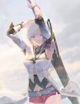  1girl armor ashelia_b&#039;nargin_dalmasca belt blonde_hair breasts closed_mouth cofffee detached_sleeves final_fantasy final_fantasy_xii holding holding_sword holding_weapon looking_at_viewer miniskirt short_hair skirt solo sword thighhighs weapon 