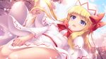  1girl blonde_hair blue_eyes blush buttons capelet cherry_blossoms clothes_lift day dress dress_lift fairy fairy_wings feet_out_of_frame hat highres lily_white long_hair long_sleeves lzh open_mouth solo touhou white_capelet white_dress white_headwear wind wind_lift wings 