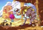  boulder cloud colored_sclera desert espathra green_sclera highres hippopotas hippopotas_(male) looking_at_another no_humans outdoors pokemon pokemon_(creature) q-chan rabsca rock sand shade silicobra 