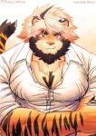  1boy absurdres ahoge animal_ears bara bare_pectorals beard blush claws commentary_request facial_hair furry furry_male gradient_background hands_on_own_arms highres indie_virtual_youtuber looking_at_viewer male_focus partially_unbuttoned pawpads pectorals pocky_between_chest pocky_day saro_(rotsw_00022) shirt sweatdrop tail thick_eyebrows tiger_boy tiger_ears tiger_stripes tiger_tail trad_monmon virtual_youtuber white_shirt 