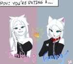  anthro armwear big_breasts blue_eyes breasts chain clothing collar dakota_(yeetboi420z) devin_(yeetboi420z) duo felid feline female first_person_view fur girly hair hi_res male mammal meme smile smirk tomboy white_body white_fur white_hair yeetboi420z 