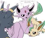  ambiguous_gender black_body black_eyes black_fur blep bodily_fluids colored cunnilingus eeveelution espeon eyes_closed female feral flat_colors fur generation_2_pokemon generation_4_pokemon genitals group group_sex hi_res kifyun2 leafeon looking_at_viewer lying male nintendo on_back on_side open_mouth oral penis pink_body pink_fur pokemon pokemon_(species) pussy saliva sex speech_bubble text threesome tongue tongue_out trio umbreon vaginal yellow_body yellow_fur 