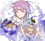  2boys absurdres blue_hair closed_mouth earrings highres hoshi-toge jellyfish jewelry kamishiro_rui long_sleeves looking_at_viewer male_focus mermaid_ni_akogarete_(project_sekai) mini_person miniboy multicolored_hair multiple_boys one_eye_closed project_sekai purple_hair shirt simple_background smile speech_bubble streaked_hair tenma_tsukasa upper_body water white_background white_shirt yellow_eyes 
