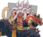  1boy absurdres alternate_hair_color alternate_skin_color biceps black_pants black_wristband blue_eyes body_fur dark-skinned_male dark_skin dragon_ball dragon_ball_gt gogeta highres looking_at_viewer male_focus metamoran_vest monkey_boy monkey_tail muscular muscular_male no_nipples pants pectorals relio_db318 simple_background solo spiked_hair super_saiyan super_saiyan_4 tail white_hair yellow_fur 