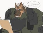  2019 anthro armor blue_eyes brown_body brown_fur cables canid canine canis cross-popping_vein dialogue domestic_dog dossier english_text facial_hair facial_scar file_folder files fur german_shepherd goatee green_armor hair herding_dog linked_speech_bubble lip_scar machine male mammal muscular muscular_anthro muscular_male pastoral_dog power_armor reading rourke_(saberzelgrath) saberzelgrath scar solo speech_bubble text white_hair 