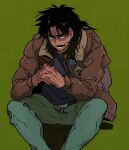  1boy black_eyes black_hair black_shirt blue_pants bomber_jacket brown_jacket commentary_request feet_out_of_frame green_background highres interlocked_fingers inudori itou_kaiji jacket kaiji long_hair long_sleeves looking_at_viewer lower_teeth_only male_focus medium_bangs open_clothes open_jacket open_mouth own_hands_together pants parted_bangs patch shirt simple_background sitting smile solo teeth 