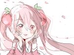  1girl blush cherry_blossoms cherry_hair_ornament commentary detached_sleeves food-themed_hair_ornament hair_between_eyes hair_ornament hatsune_miku long_hair long_sleeves open_mouth petals pink_eyes pink_hair pink_shirt pink_sleeves pink_theme sakura_miku shirt simple_background smile solo twintails vocaloid white_background xxxx_saki 