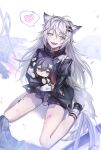  1girl absurdres animal_ear_fluff animal_ears arknights bare_legs black_capelet black_coat black_jacket black_shorts capelet coat dog_ears grey_eyes gyum_(myyyyyon) hair_ornament hairclip highres jacket lappland_(arknights) long_hair open_mouth scar scar_across_eye scar_on_face sharp_teeth shoes shorts stuffed_toy tail teeth texas_(arknights) white_eyes white_hair white_jacket wolf_ears wolf_girl wolf_tail 