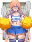  1girl bandaid bandaid_on_cheek bandaid_on_face bare_shoulders blonde_hair blue_hair blue_shirt blue_skirt blue_theme cheerleader collarbone copyright_request crop_top grin highres holding holding_pom_poms long_hair midriff miniskirt multicolored_hair navel pleated_skirt pom_pom_(cheerleading) poritive sharp_teeth shiny_skin shirt skirt smile solo speech_bubble teeth translation_request twintails two-tone_hair white_shirt zettai_ryouiki 